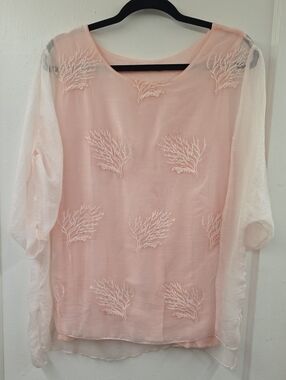 🍁Simply Couture Pink Sheer Embroidered Overlay Boho Blouse M